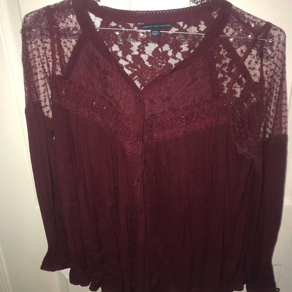 Burgundy button down top with lace